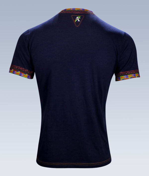 The back of a navy t-shirt with the Afrimoji logo and Kente design on the cuffs and collar