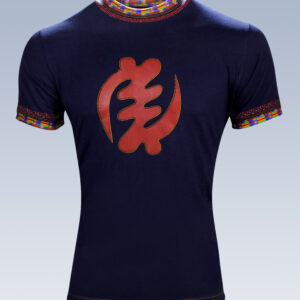 Navy shirt with burgundy Adinkra symbol and Kente design on the cuffs and collar - Afrimoji