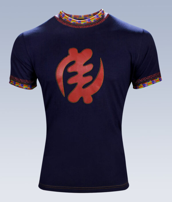 Navy shirt with burgundy Adinkra symbol and Kente design on the cuffs and collar - Afrimoji